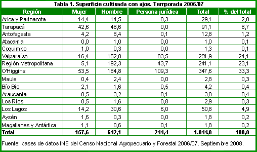 Tabla 1: Superficie cultivada con ajos. Temporada 2006/07