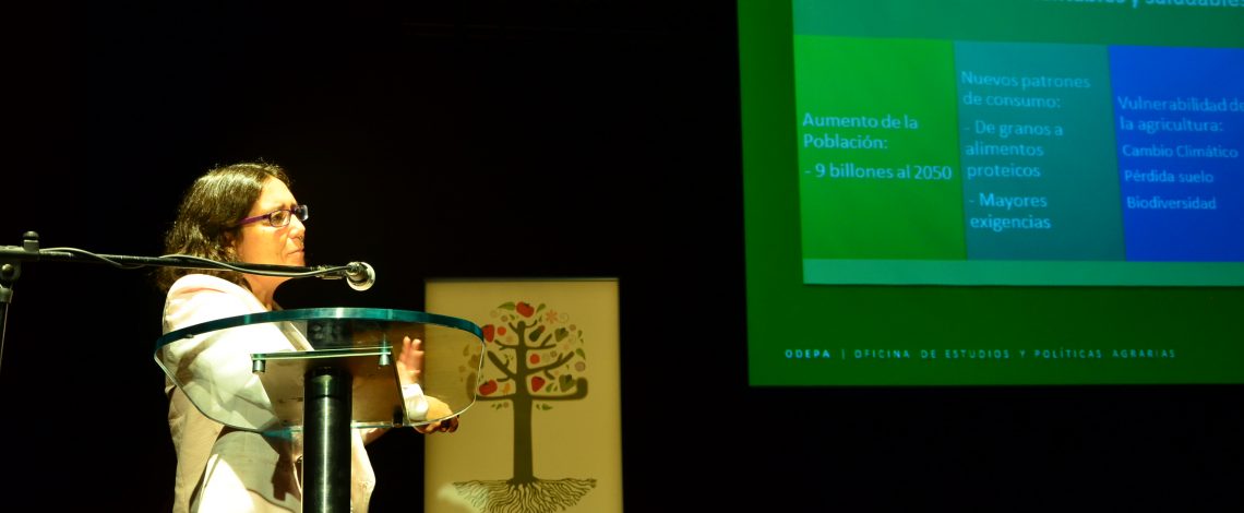 Claudia Carbonell, directora de Odepa, expuso hoy en el seminario internacional “Agroecología y Sustentabilidad para la Agricultura Familiar Campesina”, organizado por Odepa e Indap. Este evento fue inaugurado por el ministro de Agricultura, Carlos Furche.